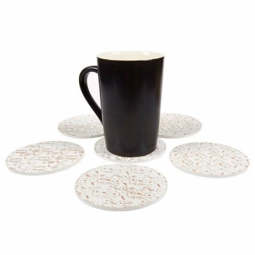 Juvale 6 Pack Round Wood Coasters with Holder, White Floral Design, 3.8 Inches Diameter Perspective: back