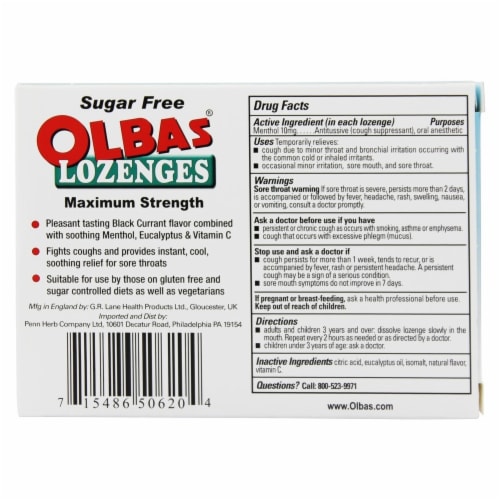 Olbas® Sugar Free Black Currant Cough Suppressant Lozenges Perspective: back
