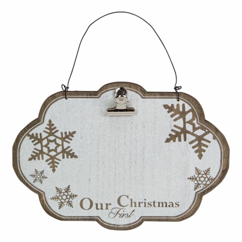 Melrose 9.5 White and Brown Our First Christmas Hanging Wooden Picture Sign Perspective: back