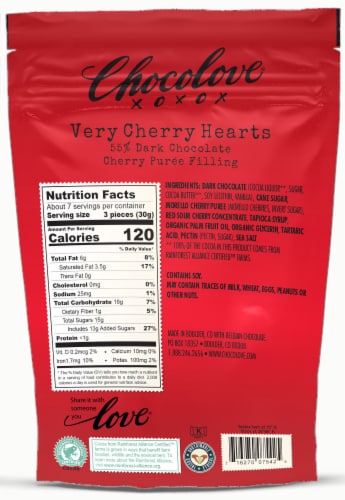 Chocolove® 55% Dark Chocolate Cherry Pur'ee Filling Candy Hearts Pouch Perspective: back