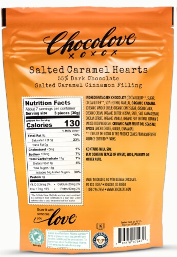 Chocolove® 55% Dark Chocolate Salted Caramel Cinnamon Filling Candy Hearts Pouch Perspective: back