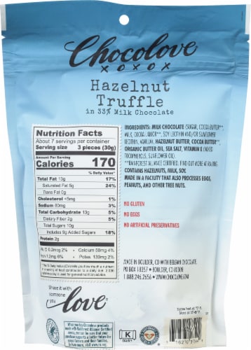 Chocolove Hazelnut Latte Milk Chocolate Holiday Candy Bites Perspective: back