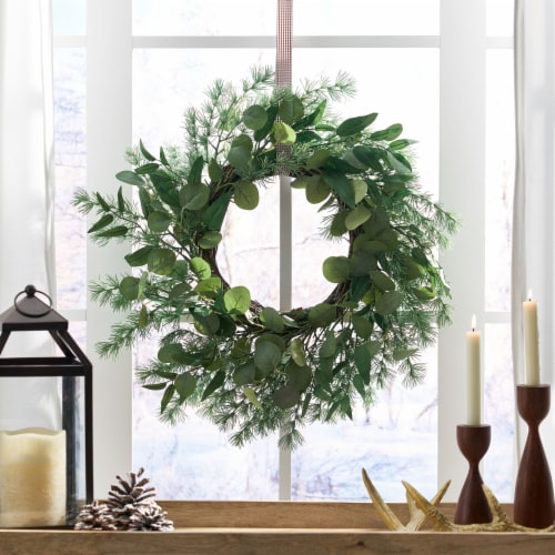Mondawe 24.5" Green Leaves Wreath Mixed Leaves Artificial Wreath Christmas Decor Perspective: back