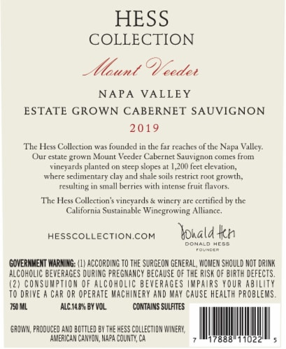 Hess Collection Cabernet Sauvignon California Red Wine Perspective: back