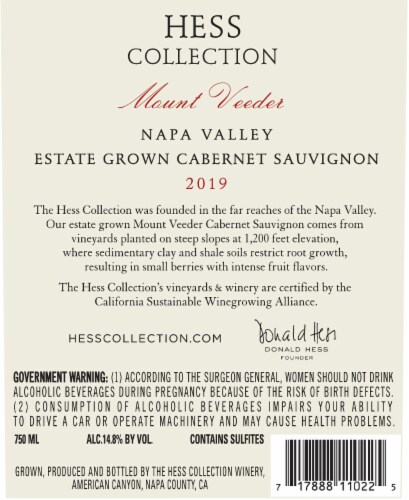 Hess Collection Cabernet Sauvignon California Red Wine Perspective: back