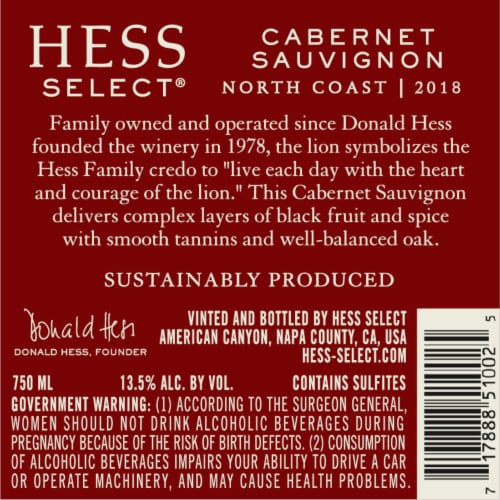 Hess Select North Coast Cabernet Sauvignon Red Wine Perspective: back