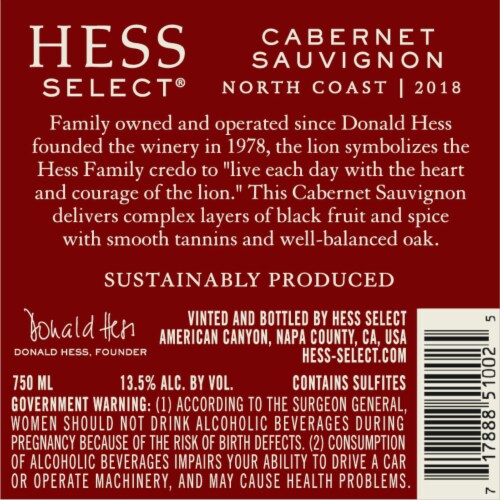 Hess Select North Coast Cabernet Sauvignon Red Wine Perspective: back