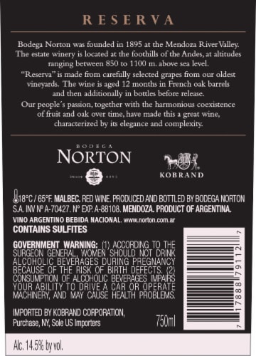 Bodega Norton Reserva Malbec Perspective: back