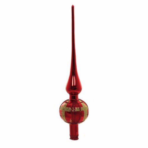 Inge Glas Shiny Red Twisted Lines Finial Tree Topper Glitter Stripe 21205T021 Perspective: back