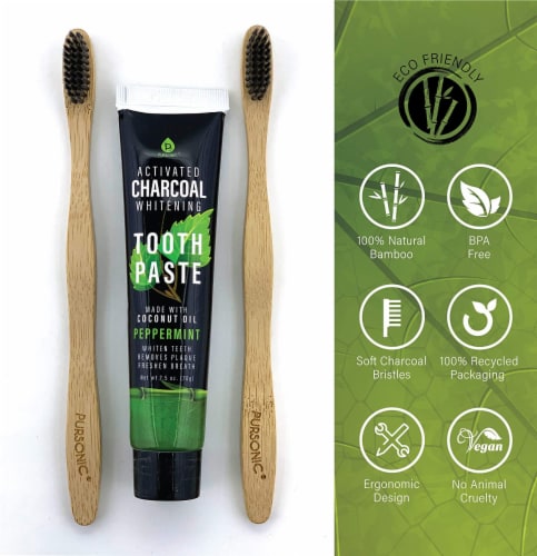 Pursonic 100% Eco Soft Bristles Bamboo Toothbrushes & Charcoal Whitening Toothpaste Set Perspective: back