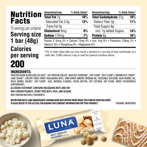 LUNA White Chocolate Macadamia Whole Nutrition Bar Perspective: back