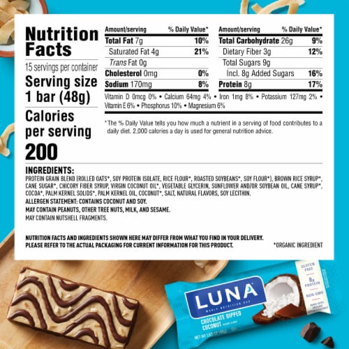 Luna Chocolate Dipped Coconut Whole Nutrition Bar Perspective: back