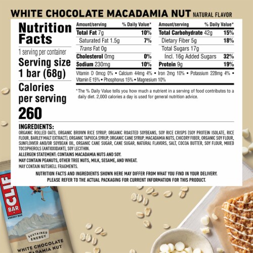 Clif Bar White Chocolate Macadamia Nut Flavor Energy Bar Perspective: back