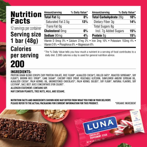 LUNA Chocolate Peppermint Stick Whole Nutrition Bars Perspective: back
