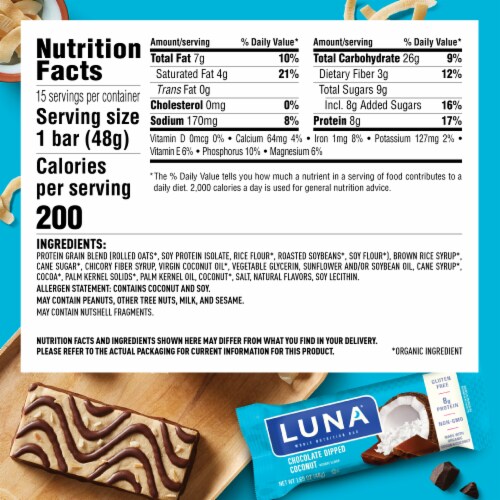 LUNA Chocolate Dipped Coconut Whole Nutrition Bars Perspective: back