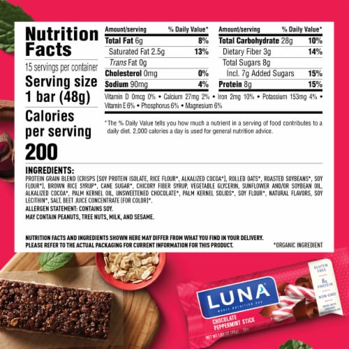 Luna Chocolate Peppermint Stick Whole Nutrition Bars Perspective: back