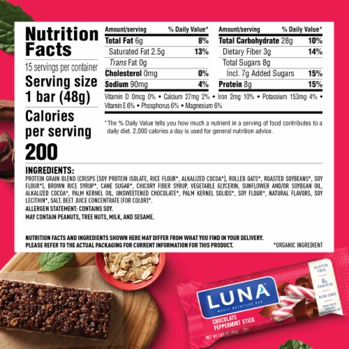 Luna Chocolate Peppermint Stick Whole Nutrition Bars Perspective: back