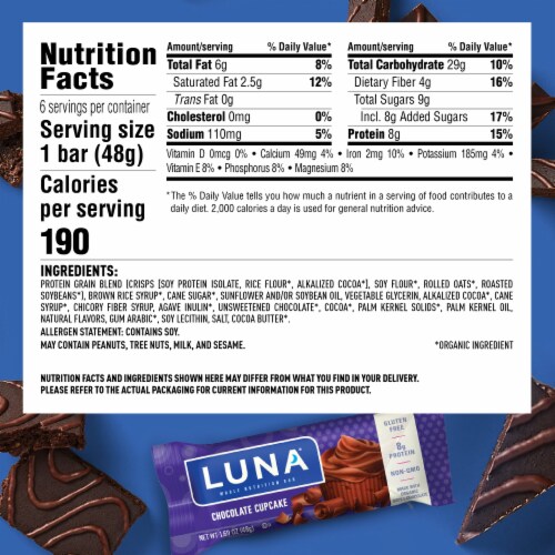 Luna Chocolate Cupcake Whole Nutrition Bars Perspective: back