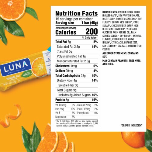 Luna® Gluten Free Tangerine Zest Nutrition Bars with Prebiotics Perspective: back