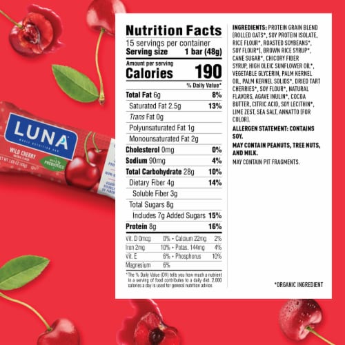 Luna® Gluten Free Wild Cherry Nutrition Bars with Prebiotics Perspective: back