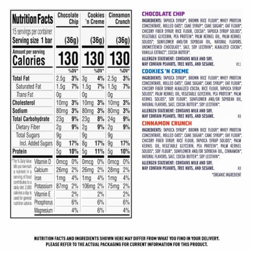 Clif Kid Zbar Protein Chocolate Chip Cinnamon Crunch And Cookies 'N Creme Team Pack Crispy Snack Bar Perspective: back