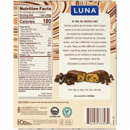 Luna® Protein Chocolate Chip Cookie Dough Gluten Free Nutrition Snack Bars Perspective: back
