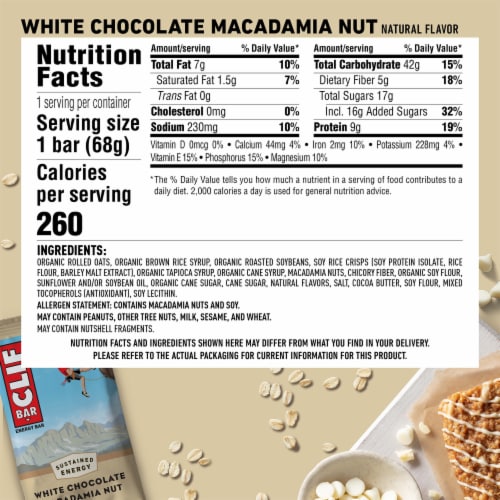 Clif Bar White Chocolate Macadamia Nut Flavor Energy Bars Perspective: back