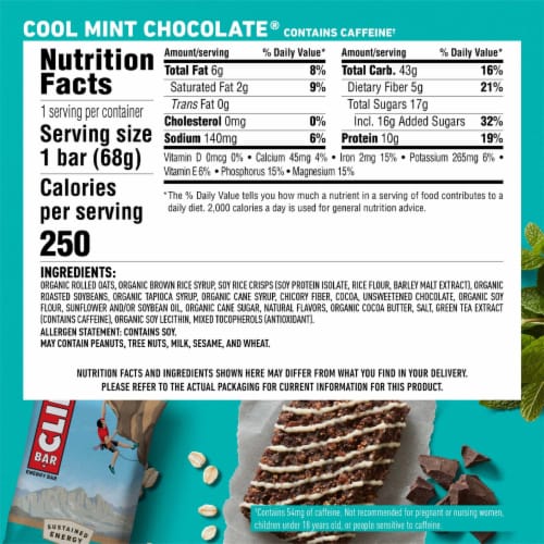 Clif Bar Cool Mint Chocolate With Caffeine Energy Bars Perspective: back