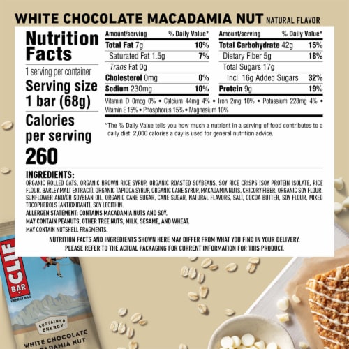 Clif Bar White Chocolate Macadamia Nut Flavor Energy Bars Perspective: back