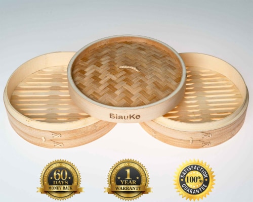 Bamboo Steamer Basket 10 Inch with 2 Pairs Chopsticks, Tongs and 50 Paper Liners Perspective: back