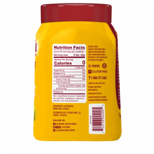 Splenda Monk Fruit Zero Calorie Granulated Sweetener Jar Perspective: back