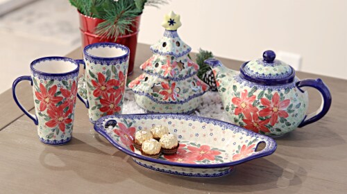 Blue Rose Polish Pottery Pointsettia Bread Tray with Handles Perspective: back