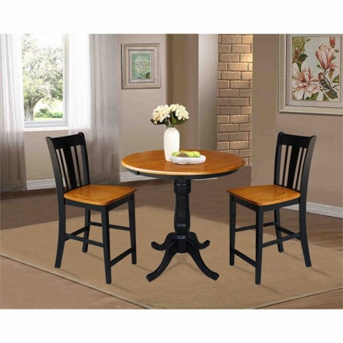 36 Round Top Pedestal Ext Table With 12 Leaf 2 Counter height Stools, 1