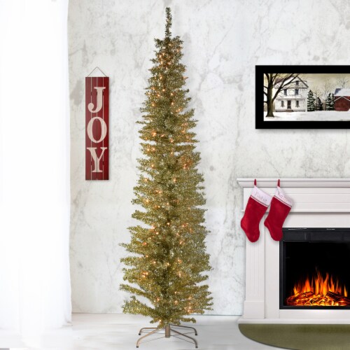 National Tree Company Pre-Lit Artificial Christmas Tree, Champagne Gold Tinsel, White Lights, Perspective: back
