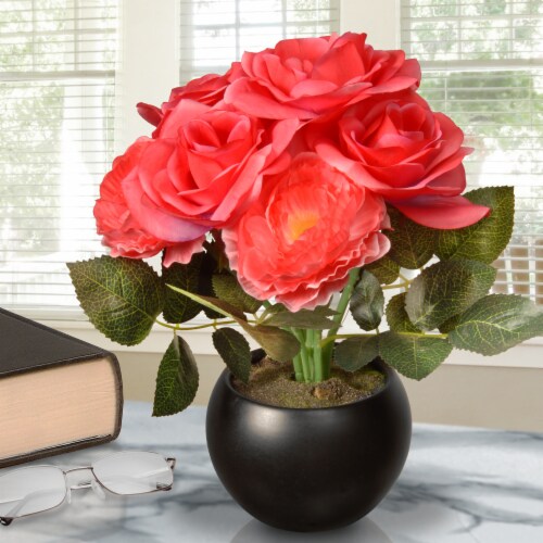 National Tree Company 9 Potted Pink Rose Flowers Perspective: back