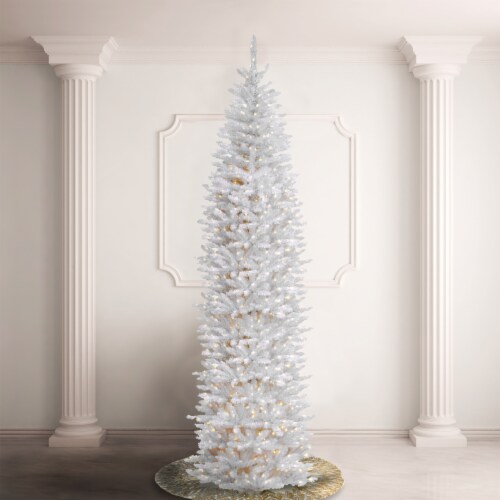 National Tree Company 12 ft Artificial Pre-Lit Slim Christmas Tree, White, Kingswood Fir, Perspective: back