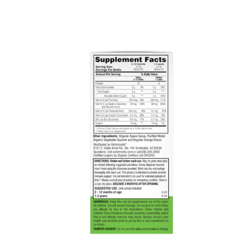 Wellements Organic Orange Flavor Baby Immune Support Perspective: back