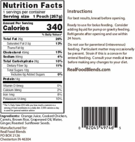 Real Food Blends Orange Chicken, Carrots & Brown Rice Pureed Blended Meal, 9.4oz 12/case Perspective: back