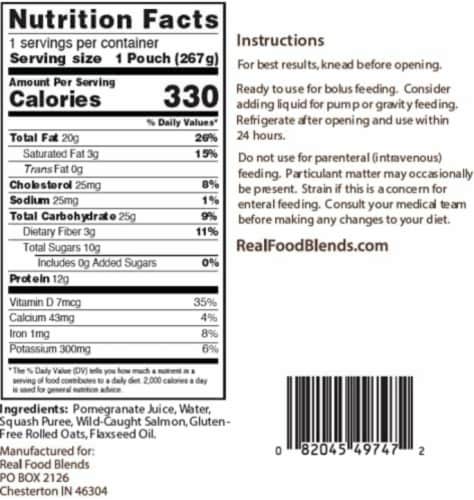 Real Food Blends Salmon, Oats & Squash Pureed Blended Meal, 9.4oz (Pack Of 12) Perspective: back