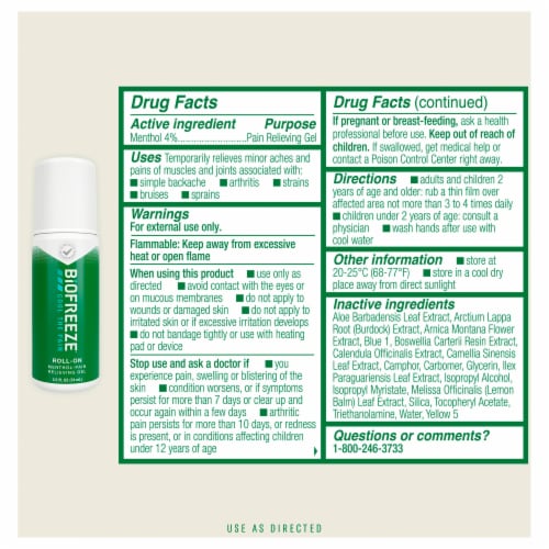 Biofreeze Menthol Back Knee Muscle Joint and Arthritis Roll-On Pain Relief Gel Perspective: back
