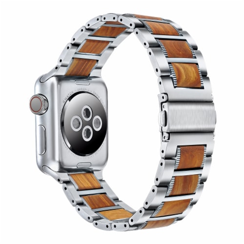 Wallace Silver Stainless Steel & Wood Band for Apple Watch 1,2,3,4,5,6 & SE - Size 38mm/40mm Perspective: back