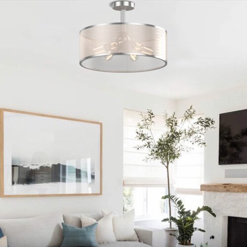 6 Light Semi Flush Mount Ceiling Light Pendant Lamp w Fabric Drum