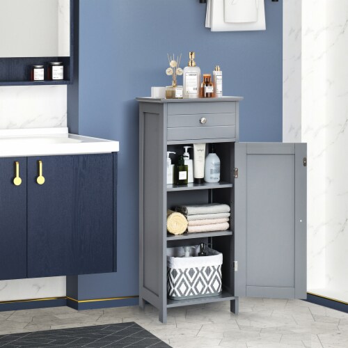 Costway Bathroom Floor Cabinet Storage Organizer Free-Standing w/ Drawer Grey Perspective: back