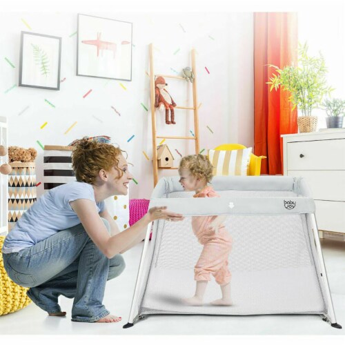 Costway Portable Baby Playpen Playard Lightweight w/ Travel Bag For Newborn Toddler Gray/Pink Perspective: back
