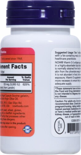 NOW® Foods Vitamin D3 Softgels 5000 IU Perspective: back