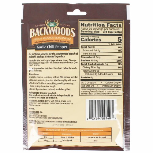 Backwoods Garlic Chili Pepper Fresh Sausage Seasoning for 5 Lbs Meat 3 Oz 9140 Perspective: back