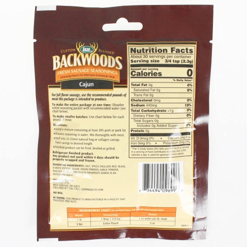 Backwoods 2.4 Oz Cajun Sausage Seasoning Custom Blend Makes 5 Lbs of Meat 9699 Perspective: back