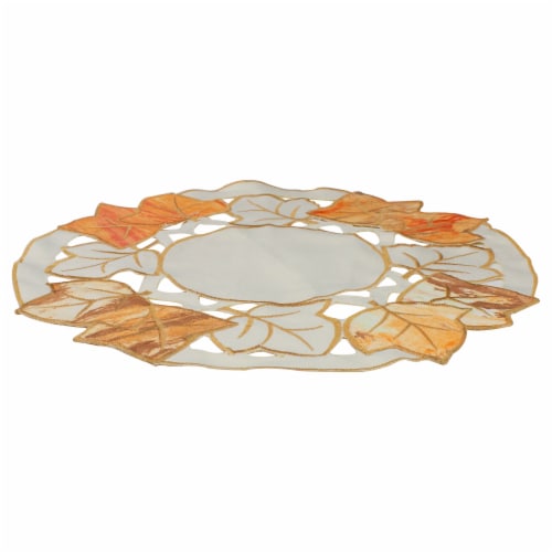 Heritage Lace 12 White and Beige Embroidered Fall Leaf Thanksgiving Doily Perspective: back