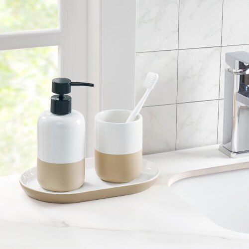 VCNY Home Ceramic Bathroom Accessory Set - White/Tan Perspective: back