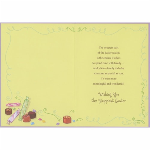 Chocolate Rabbit and Candy Inside Wicker Basket with Blue Ribbon Easter Card for Dad Perspective: back